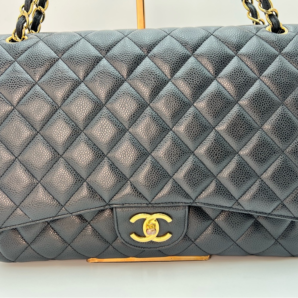 CHANEL Black Caviar Leather Jumbo Double Flap with Gold Hardware